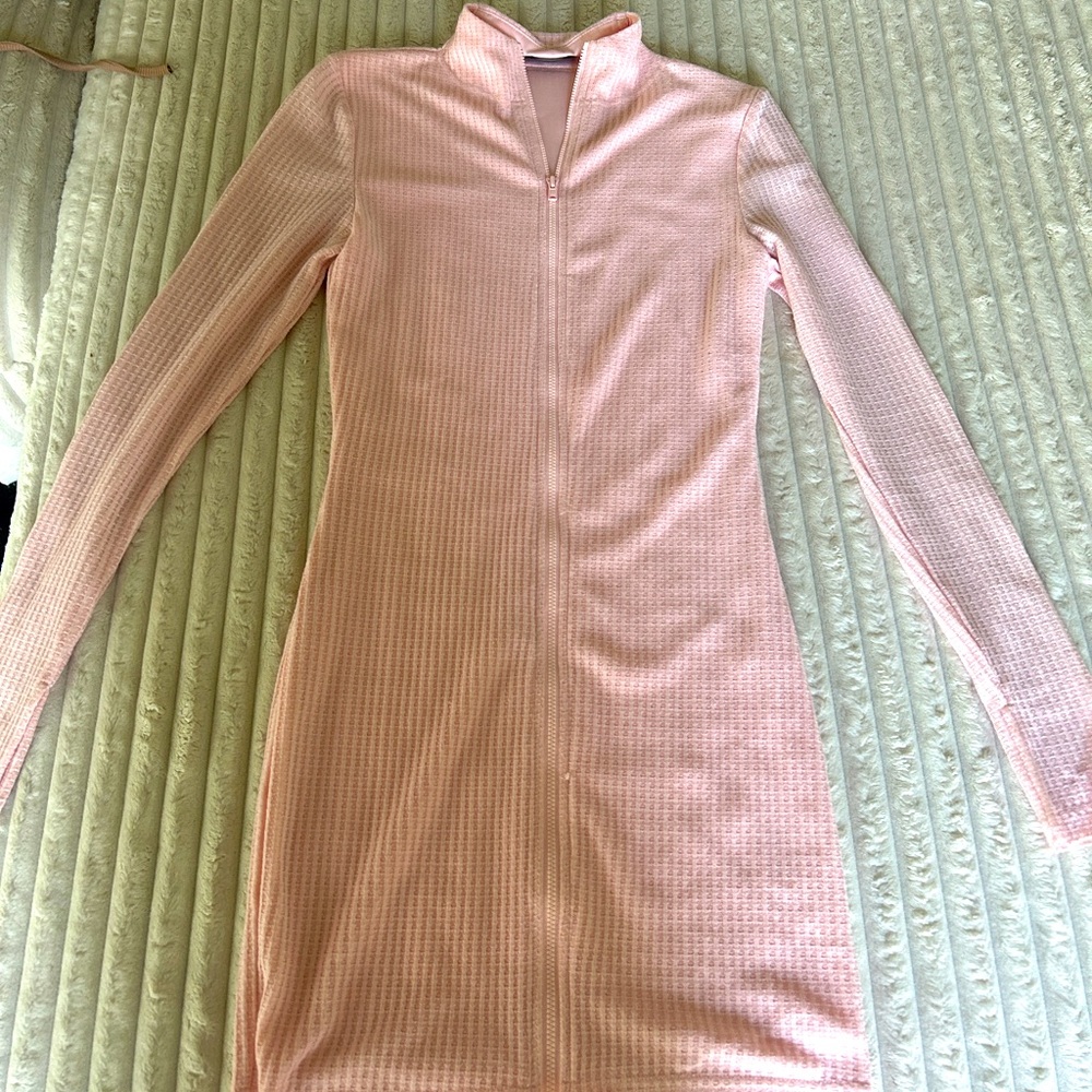 Baby pink White Fox waffle texture long sleeve mini dress